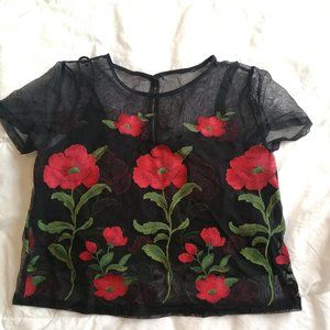 Black Floral Mesh Top with Black Cropped Cami